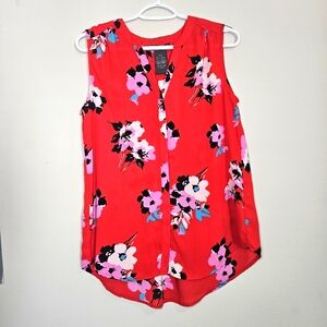 Red Floral Sleeveless Vneck Blouse
